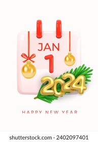 Happy New Year, January 1, 2024. 1st day of New Year. Daily calendar with date January 1, 2024, gold, red numbers, Christmas balls, fir sprig. Calendar Icon on white background. Realistic 3d Vector