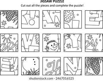 "Happy New Year!" jigsaw puzzle with holiday greeting. Print and cut out all the pieces to complete the puzzle.
