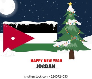Happy new year in Jordan with Christmas tree and snow, banner or content design idea, Jordan flag with pine tree, new year celebration idea, sky with full moon and stars, vector design