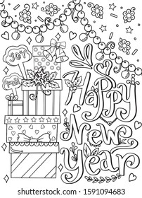 Happy New Year, Joy, Fun font with presents, Christmas element and flower. Hand drawn with inspiration word. Doodles art for  Christmas or new year card. Coloring for adult and kids.