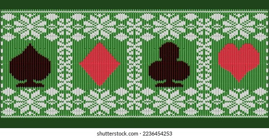 Happy New year knitted pattern with xmas poker cards, vector illustration