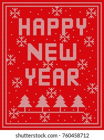Happy new Year knitted vector design on red background.