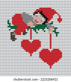 Happy New Year Knitting Merry Christmas elf heart on Gray background Digital vector Design For Print sweater decor Border