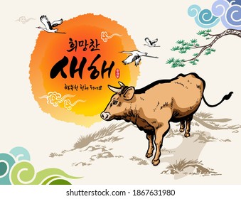 Happy New Year, Korean text translation: Happy New Year, Calligraphy, Cows greeting the sunrise of the New Year 2021. Brush painting