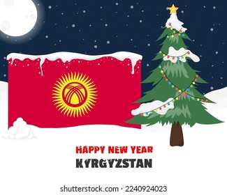Happy new year in Kyrgyzstan with Christmas tree and snow, banner or content design idea, Kyrgyzstan flag with pine tree, new year celebration idea, sky with full moon and stars, vector design