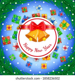 Happy new year label with bells on gift box, pine leaves and snowflake