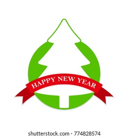 Happy New Year label with christmas tree and red ribbon. Vector Illustration. New Year festive label in flat design