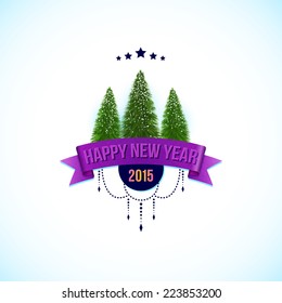 Happy new year label with fir trees. Vector illustration.
