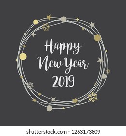 Happy New Year Labels and Badges. Floral wreath frame for Happy New Year invitations, birthday cards, calligraphic letters, Emblem and label.