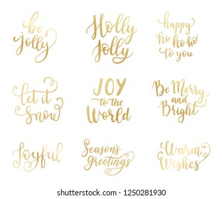 Happy New Year labels, emblems, logo, text, greeting cards set. Vector winter holidays backgrounds with hand lettering calligraphy. Golden gradient