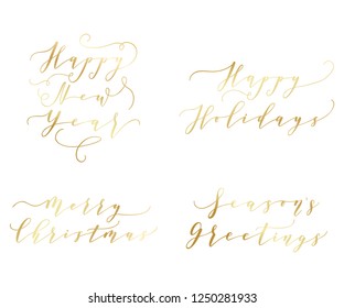 Happy New Year labels, emblems, logo, text, greeting cards set. Vector winter holidays backgrounds with hand lettering calligraphy. Golden gradient