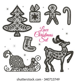 Happy New Year Lace elements set, white lace christmas tree, gift, deer, gingerbread man, sleigh, candy, socks. Scrapbook design elements