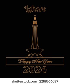 Schönes neues Jahr Lahore Stadt Minar-e-Pakistan Silhouette goldene Illustration einzeln auf schwarzem Hintergrund.