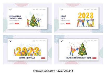 Happy New Year Landing Page Template Set. People Prepare for Celebration Decorate Huge Numbers 2023 with Garlands, Tinsel, Gifts and Christmas Tree, Corporate Party. Cartoon Vector Illustration