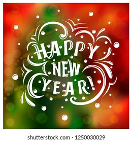 Happy New Year! Lattering inscription with curls and snow on a New Year's background with a Christmas tree with highlights, lights, a garland. eps 10 vector