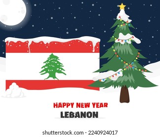 Happy new year in Lebanon with Christmas tree and snow, banner or content design idea, Lebanon flag with pine tree, new year celebration idea, sky with full moon and stars, vector design