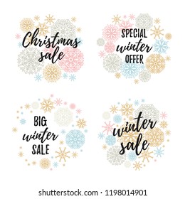 Happy New Year, Let it snow, Be jolly, Hello 2019 greeting cards set. Vector winter holiday background with hand lettering calligraphy, snowflakes, falling snow, seamless patterns.