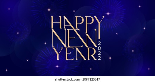 Happy New Year letter text golden color with isolated dark blue background, fireworks and glitter sparkle star decoration applicable for greeting cards, invitation, sign and banners.