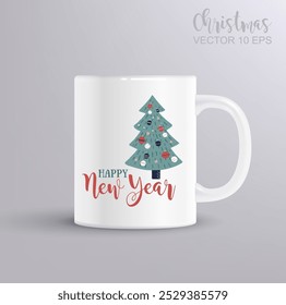 Happy New Year lettering. Abstract vector illustration. Christmas concept with mug mockup