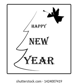 Happy New Year lettering and angel. Fashion graphic background design. Modern stylish abstract texture. Monochrome template for prints, card, poster, banner, etc. Vector illustration.