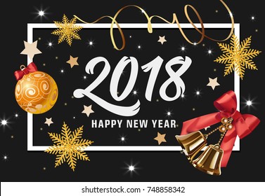 Happy New Year lettering with baubles and bells