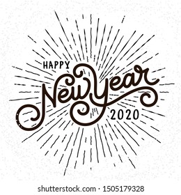 Happy New Year Lettering with burst rays. Holiday Vector Illustration. Lettering Composition And Light Rays Or Sunburst