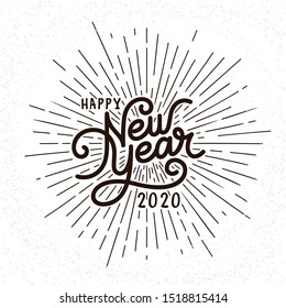 Happy New Year Lettering with burst rays. Holiday Vector Illustration. Lettering Composition And Light Rays Or Sunburst