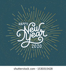 Happy New Year Lettering with burst rays. Holiday Vector Illustration. Lettering Composition And Light Rays Or Sunburst