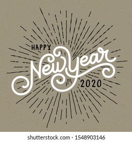 Happy New Year Lettering with burst rays. Holiday Vector Illustration. Lettering Composition And Light Rays Or Sunburst