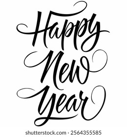 Happy New Year lettering. Calligraphic inscription with swirl elements. Handwritten text, calligraphy. Can be used for greeting cards, posters and leaflets