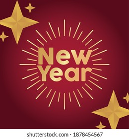 happy new year lettering card with golden star and sunburst vector illustration design