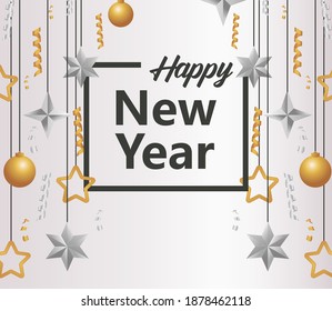 happy new year lettering card with balls and stars hanging vector illustration design