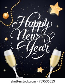 Happy New Year Lettering with Champagne Flutes