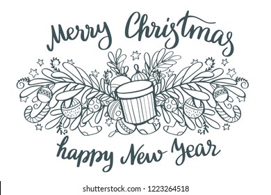 Happy new year - lettering Christmas holiday calligraphy phrase and gifts, balls, decor isolated on the background. Holiday banner for photo overlays, t-shirt print, flyer, poster design. 