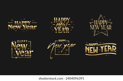 Happy new year lettering collection. Elegant golden design in dark background.