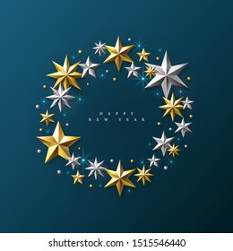Happy New Year. Lettering Composition With Golden and Silver Stars And Sparkles. Holiday Vector Illustration.