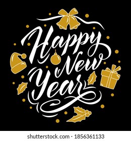 Happy New Year lettering composition in a circle on black background. Two colours gold and white. Vector elements for label, greeting card, poster, banner, flyer, christmas decoration