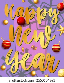 Happy New Year lettering. Creative golden inscription with swirl elements and Christmas balls. Handwritten text, calligraphy can be used for greeting cards, posters, leaflets