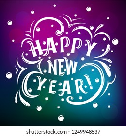 Happy New Year! lettering lettering with curls and snow on disco background with highlights, glow, neon glow. vector eps10