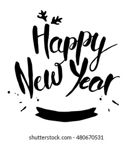 Happy New Year lettering design. Brush calligraphy type, vector lettering isolated on white background. Vector illustration.