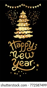 Happy New year lettering design with a Christmas gold decor. Gold stars and garlands. For winter seasons greetings card or poster. Happy New Year Sale. Vector illustration. Eps 10
