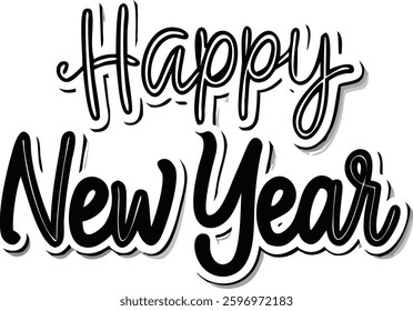 Happy New Year lettering design.A bold, stylized graphic design featuring the text "Happy New Year" in a fun, cursive font with a layered,