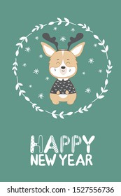 Happy new year lettering with a dog in a sweater and with deer horns on a green background in the Scandinavian style