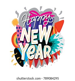 Happy New Year Lettering Doodle colorful cartoon style