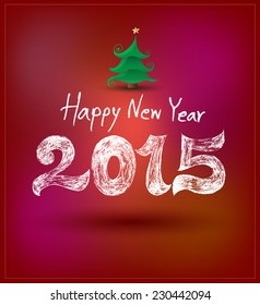 Happy new year lettering drawing style with christmas tree. Vector illustration.
