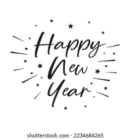 Happy New Year lettering with fireworks and stars. Vector illustration