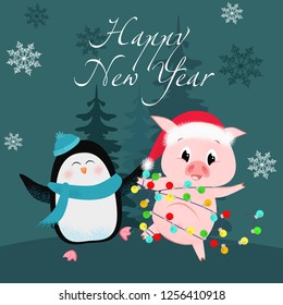 Happy New Year lettering with funny pig and penguin. New Year Day greeting card. Handwritten text, calligraphy. For leaflets, brochures, invitations, posters or banners.