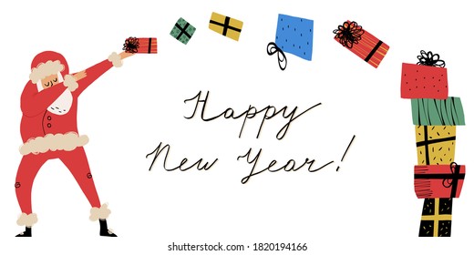 Happy New Year lettering and funny dabbing Santa Claus throwing presents into a neat pile. Cute hand-drawn banner template. Vector isolated illustration.