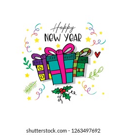 Happy New Year lettering and gift box