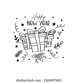 Happy New Year lettering and gift box